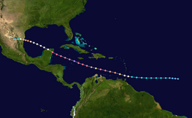 Map plotting the track and the intensity of the storm, according to the Saffir–Simpson scale