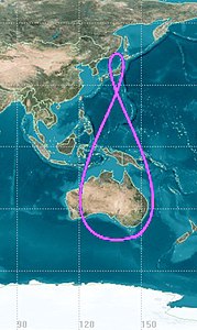 Trace au sol d'une orbite terrestre géosynchrone ayant une inclinaison de 45° et une excentricité de 0.09.