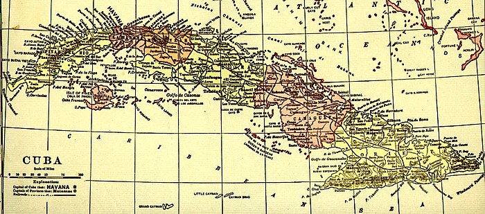 Kaart uit de jaren tussen 1910 en 1920 die de voormalige provincies van Cuba toont, met Oriente rechts