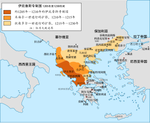 巴尔干半岛地图，其中包括伊庇鲁斯专制国原本核心地区，以及以不同深浅的橙色标示的所征服的领土