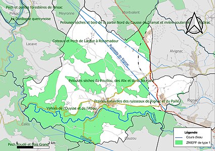 Carte des ZNIEFF de type 1 sur la commune.