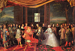 Jacques Laumosnier: Der Pyrenäenfrieden. Treffen von Ludwig XIV. mit Philipp IV. von Spanien und dessen Tochter Maria Teresa auf der Fasaneninsel, 1659