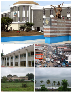 Từ trên xuông, trái sang phải: Tòa nhà Quốc hội, Tòa thị chính Monrovia, Downtown Monrovia, Đại học Liberia, Vịnh Monrovia