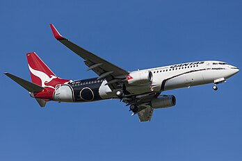 A Boeing 737-800 in 2015 wearing the Mendoowoorrji livery, Inspired by the work of the late West Australian Gija painter Paddy Bedford's 2005 painting 'Medicine Pocket'. The aircraft has carried the colour scheme since 2013.