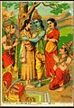 Rama returns to Ayodhya where his younger brother Bharata meets him. Bharata has been ruling Ayodhya in Rama's name and keeping Rama's paduka (footwear) on the throne.