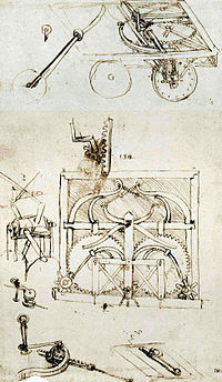 Dessin crayonné représentant un tricycle comportant des mécanismes et des ressorts vu sous différents angles.