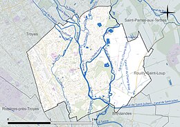 Carte en couleur présentant le réseau hydrographique de la commune