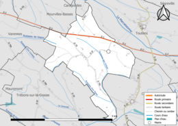 Carte en couleur présentant le réseau hydrographique de la commune