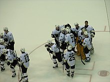 Photo des joueurs des Penguins se félicitant sur la glace.