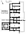 Plan du grand temple de Hatra, IIe siècle apr. J.-C. 1. iwan sud 2. iwan central 3. double iwan nord 4. édifice carré.