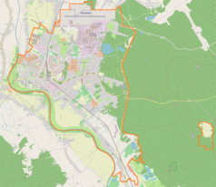 Mapa konturowa Mielca, po lewej znajduje się punkt z opisem „I Liceum Ogólnokształcące im. Stanisława Konarskiego w Mielcu”