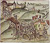 Le bourgmestre de Zurich, Rudolf Stüssi, défend le pont St. Jakob près de Zurich lors de la bataille de St. Jakob an der Sihl en 1443