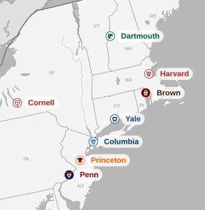Karta där Ivy League universiteten är markerade
