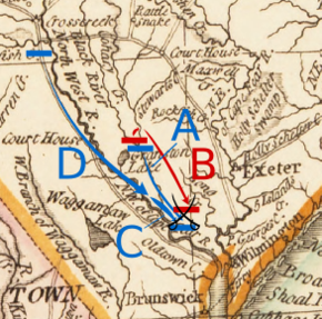 Caswell moves south from Corbett's ferry to Moore's Creek. Lillington and Ashe move south-southeast from Cross Creek to Moore's Creek along the Cape Fear River. Moore follows Lillington and Ashe, but does not reach Moore's Creek.