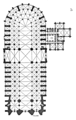 תוכנית הקרקע של קתדרלת נוטרדאם (פריז), צרפת. אורך: 128 מטר.