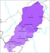 Aire de diffusion du palatin au sein du francique rhénan (n°2 sur la carte).