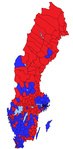 Röstfördelning kommunvis. Blå indikerar Allians för Sverige (M, C, FP, KD). Röd det Röd-gröna blocket (S, V, MP)