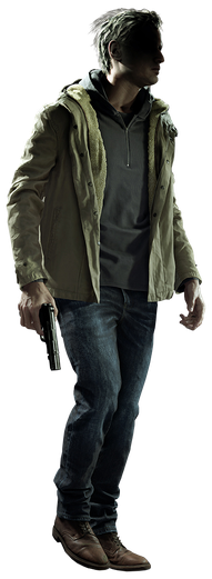 A person with a hidden face, wearing a jacket and carrying a gun.