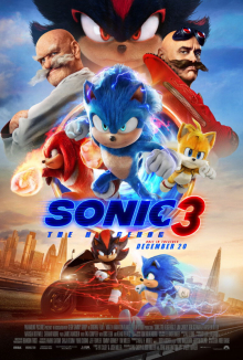 On top, Shadow, followed by Ivo (on the right, the younger one) and Gerald Robotnik (on the left with a white mustache and jacket), and Sonic, Tails, and Knuckles coming out of a ring portal. On the bottom, Sonic chases after Shadow who is seen riding a GUN motorcycle near London.