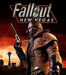 The cover art for Fallout: New Vegas. It features a masked figure holding a pistol in their right hand. In the background, a city skyline is visible.