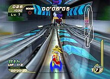 Super Sonic riding through one of the stages on a hoverboard.