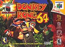 Five monkeys ride a minecart, pursued in the distance by a stocky reptile with a red cape. Atop, a red and yellow bubble typeface reads "Donkey Kong 64". Along the right sidebar, icons indicates that the game is an exclusive for the Nintendo 64 for up to four players and compatible with the Expansion and Rumble Pak accessories. In the top left corner is an Expansion Pak icon in front of an explosion icon: "Expansion Pak included!" The Rare logo is in the bottom left corner, and next to it, the text, "Collector's edition yellow game pak".