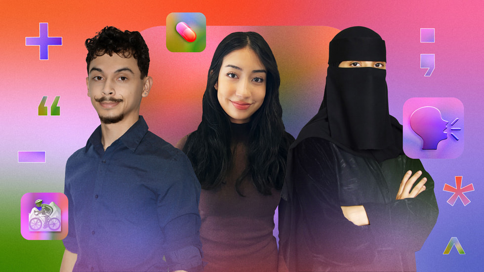 Kolase berwarna yang menampilkan potret pemenang Swift Student Challenge, Dezmond Blair, Elena Galluzzo, dan Jawaher Shaman.