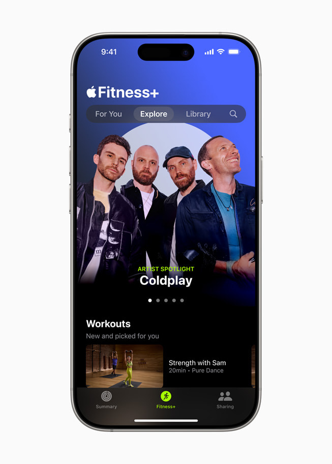 Latihan Artist Spotlight Coldplay di Apple Fitness+ ditampilkan di iPhone 16.