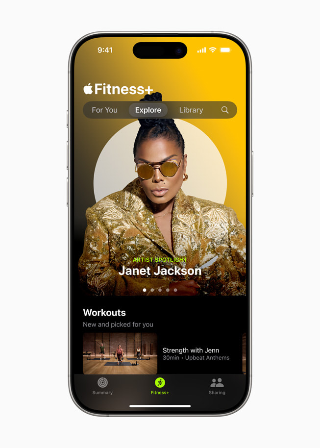 Latihan Artist Spotlight Janet Jackson di Apple Fitness+ ditampilkan di iPhone 16.