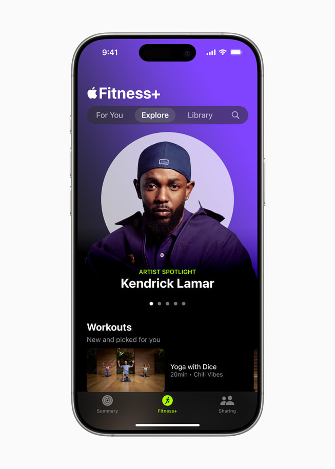 Latihan Artist Spotlight Kendrick Lamar di Apple Fitness+ ditampilkan di iPhone 16.