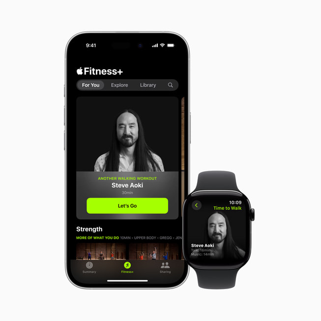 Episode Time to Walk Steve Aoki di Apple Fitness+ ditampilkan di iPhone 16 dan Apple Watch.