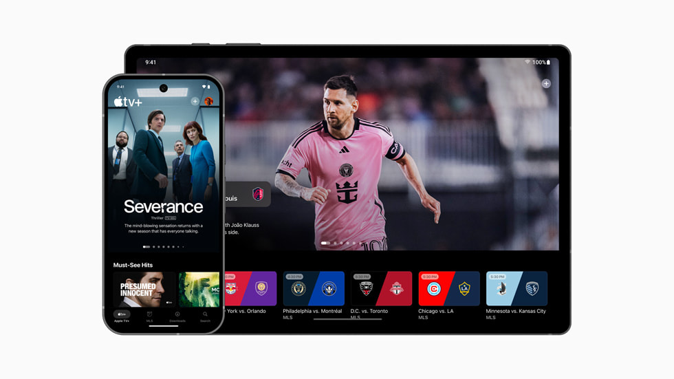 Aplikasi Apple TV untuk Android ditampilkan di ponsel dan tablet.