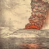 Lithographie représentant l'éruption volcanique du Krakatoa en août 1883, l'une des plus dévastatrices de l'Histoire.