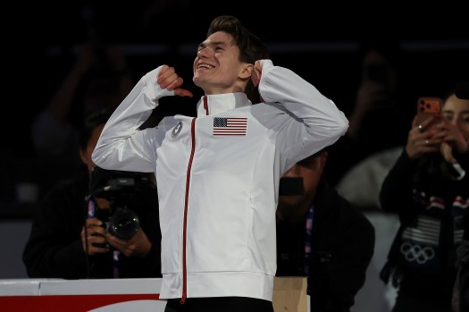 2026 United States Figure Skating Championships Maxim Naumav celebrates after skating in Making the Team: Presented by Xfinity, an exhibition after the 2026 United States Figure Skating Championships at the Enterprise Center on January 11, 2026 in St Louis, Missouri. ( (Photo by Matthew Stockman/Getty Images)