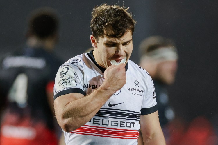 Antoine Dupont of Stade Toulousain chewing on his mouthguard.