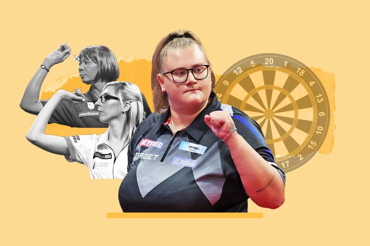 Collage of three female dart players and a dartboard.