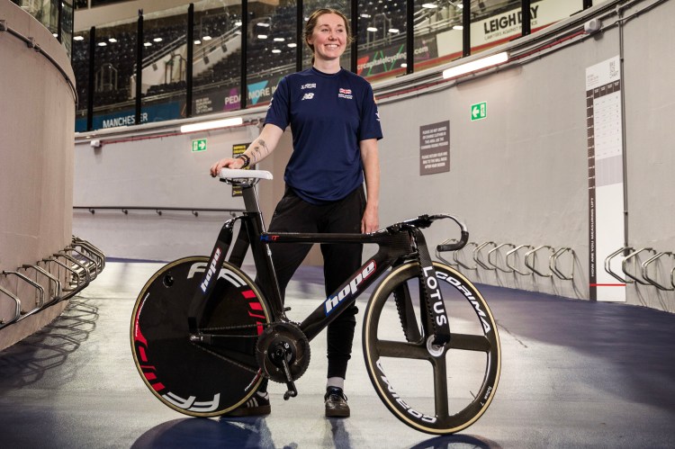 GB Cyclist Katie Archibald with her bicycle at the National Cycling Centre, Manchester.