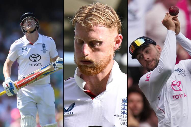 Collage of three English cricket players on the field.