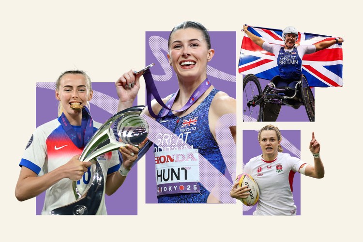 Collage of four female British athletes celebrating wins: a footballer with a trophy, a track athlete with a medal, a wheelchair racer with a Union Jack flag, and a rugby player pointing up.