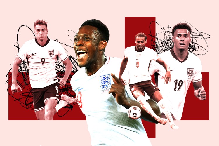 Collage of four male soccer players in white jerseys with red and black abstract shapes.