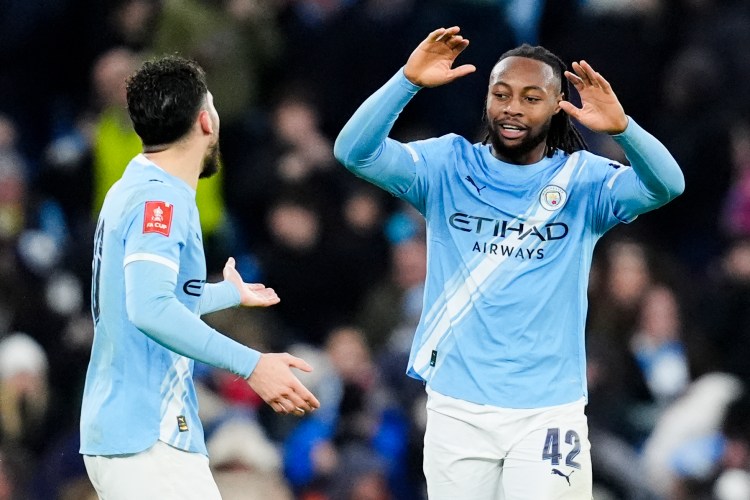 Antoine Semenyo celebrates scoring his sixth goal for Manchester City.